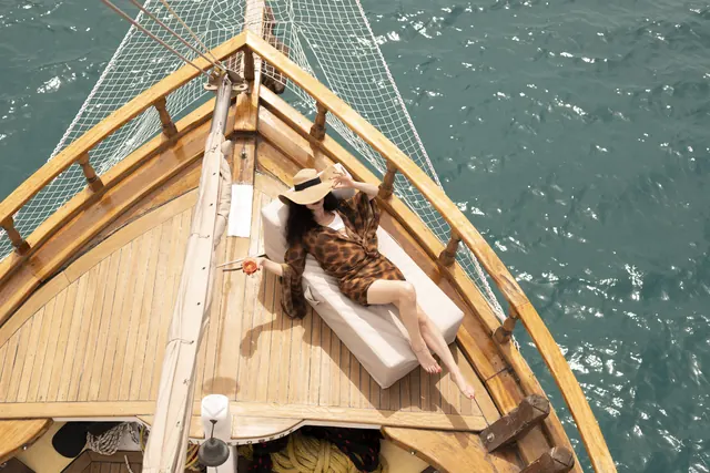 Overhead view of guests relaxing on the bow