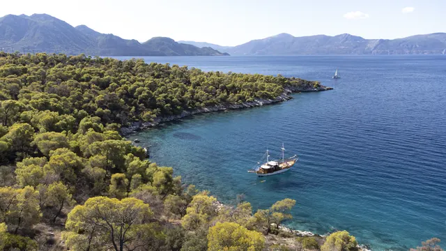 A sheltered bay surrounded by green hills